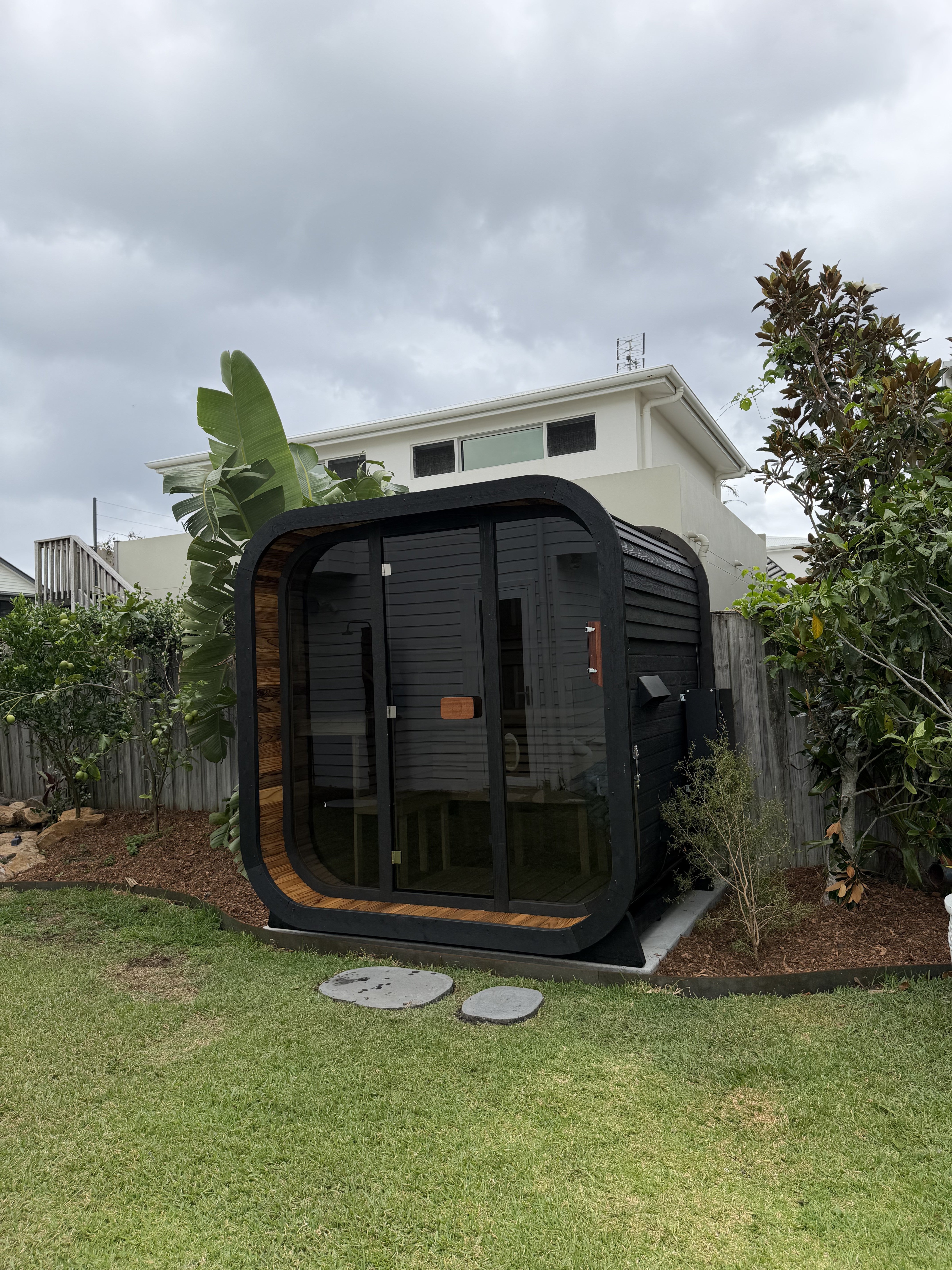 Psycle Wellness Genesis sauna front view glass facade charcoal exterior Australia
