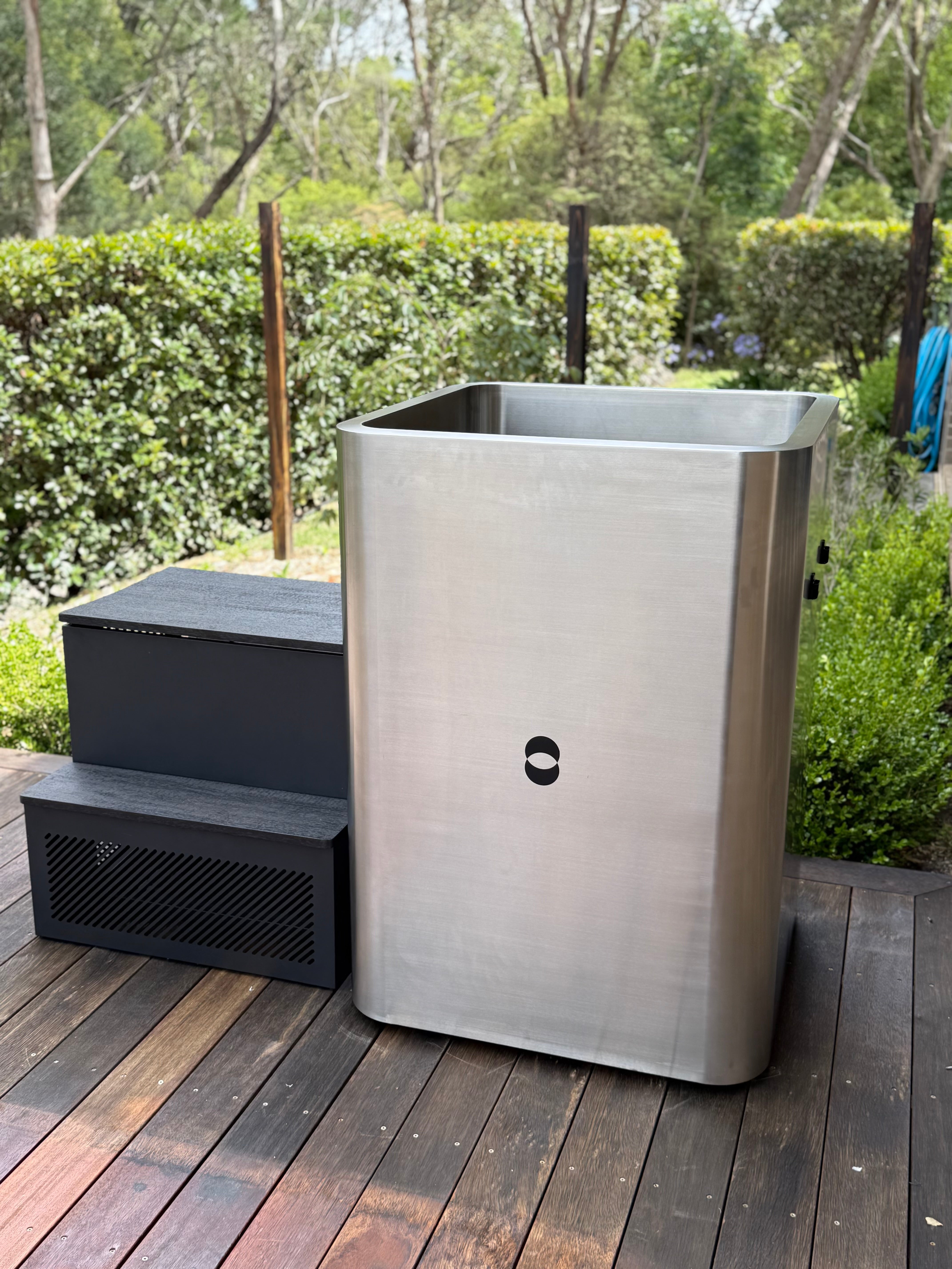 Psycle Wellness Origin ice bath outdoor installation Australian bushland setting front view - Psycle Wellness Australia
