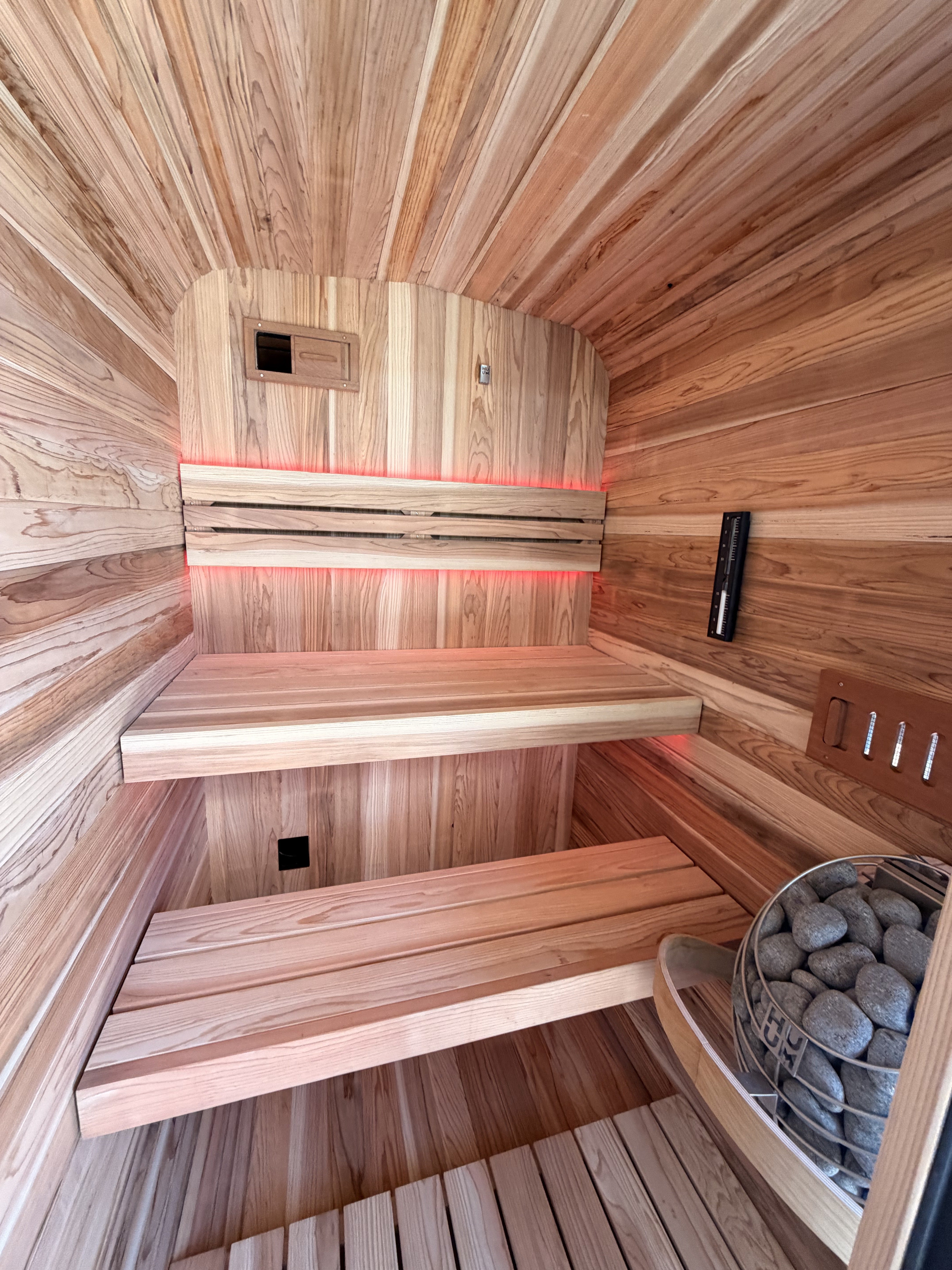 Genesis Mini sauna interior cedar benches red LED HUUM heater - Psycle Wellness Australia